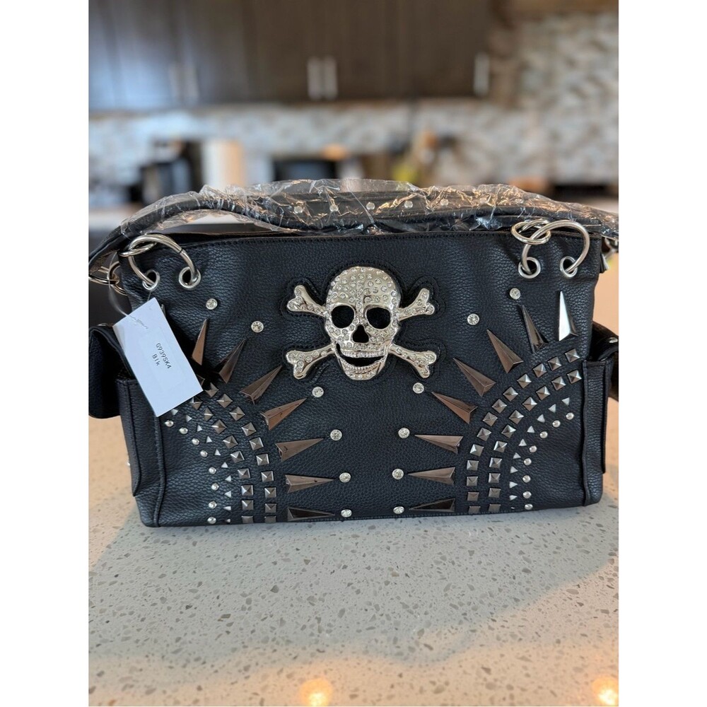 Gothic Skull Crossbones Studded Handbag Black Punk Rock Biker Purse Faux Leather